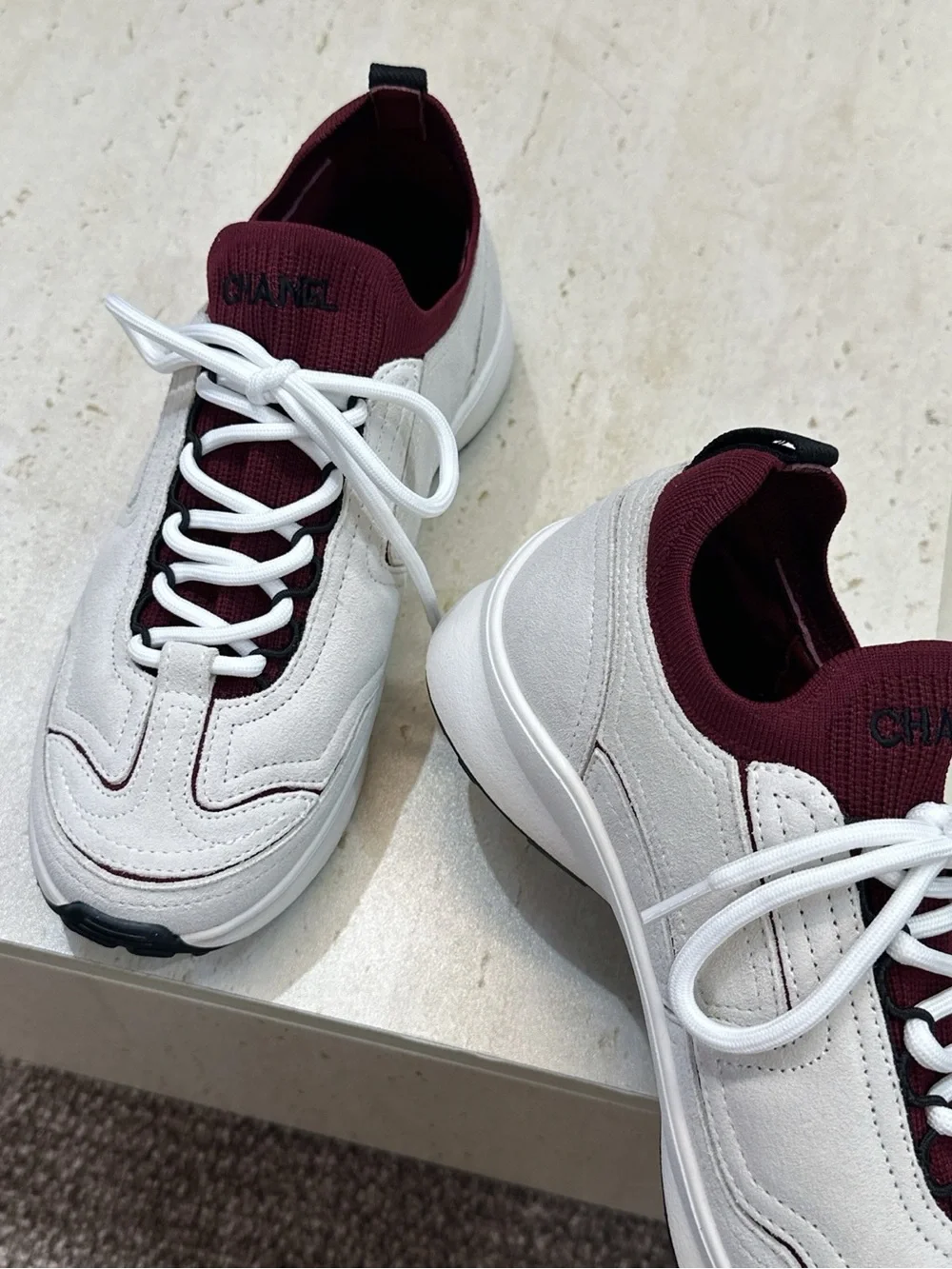 CHANEL White and Burgundy Suede Knit Runner Sneakers